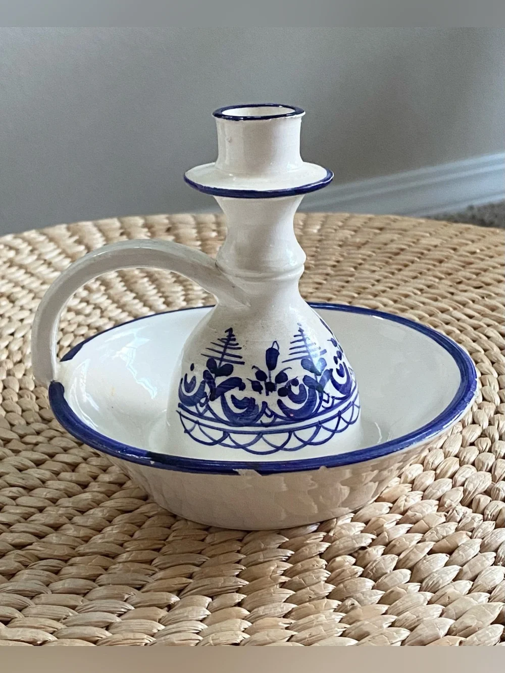 VTG Delft Hand-painted Blue White Ceramic Chamber Candlestick Holder Side Handle